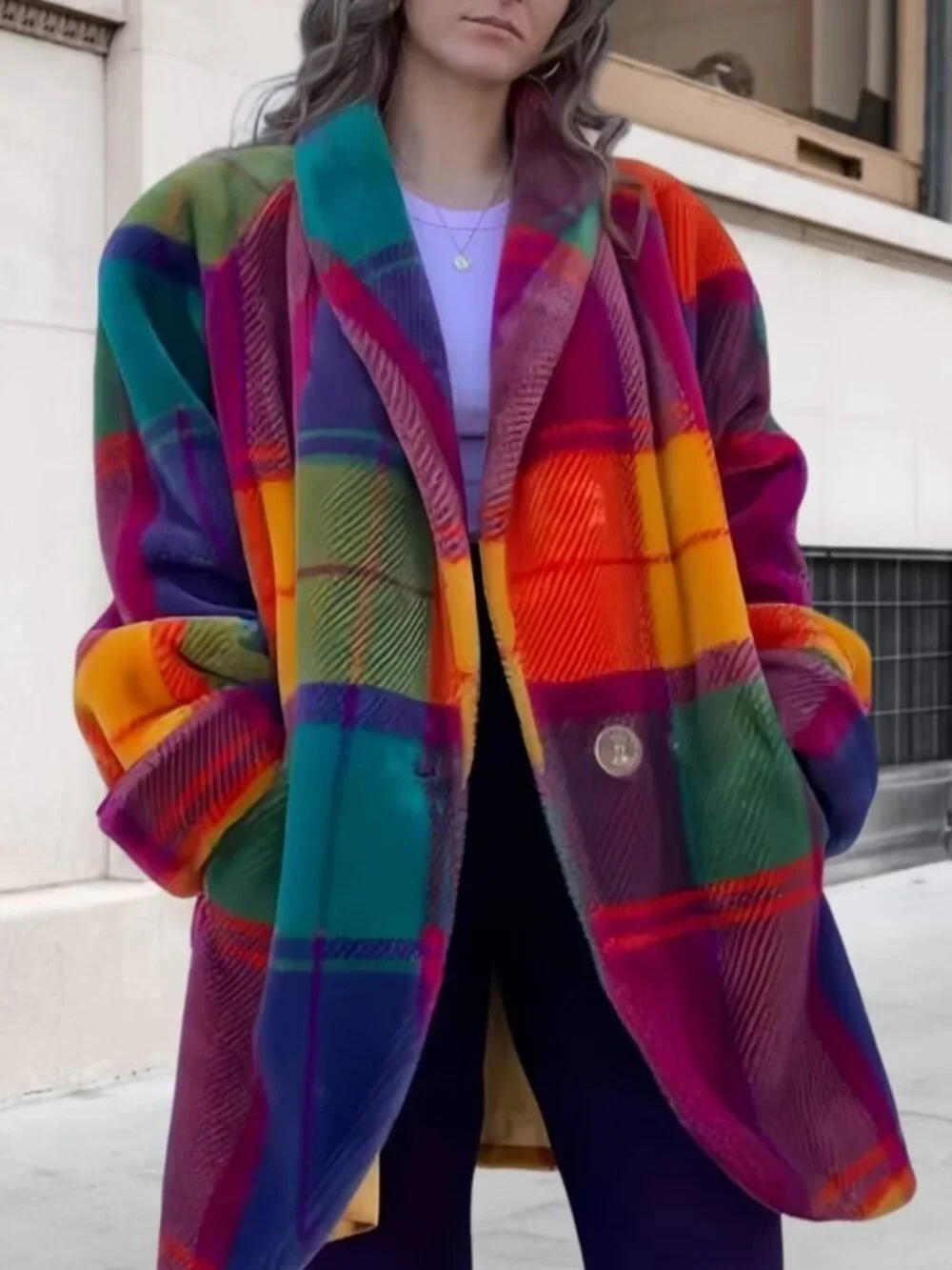 Lady's Checkered Color-blocking Coat, Elegant Checked Color-blocking Jacket
